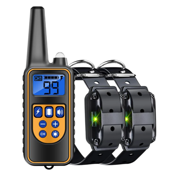 Set van 2 digitale hondentrainingshalsbanden, 800 m waterdicht, oplaadbaar, LCD-scherm, geluid, trillingen, schok, afstandsbediening, EU-stekker oranje