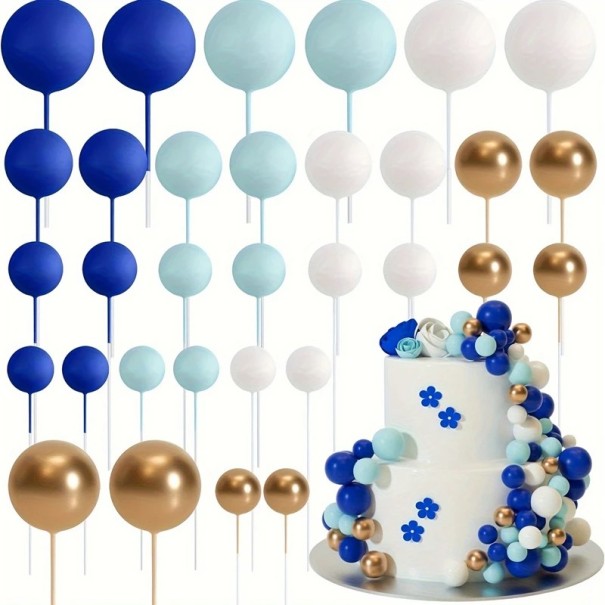 Set van 20 taartdecoraties, gekleurde ronde ballen, verjaardagstaartdecoratie, schuimornamenten, feestdecoratie blauw