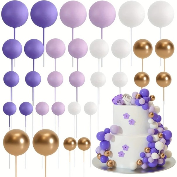 Set van 20 taartdecoraties, gekleurde ronde ballen, verjaardagstaartdecoratie, schuimornamenten, feestdecoratie paars