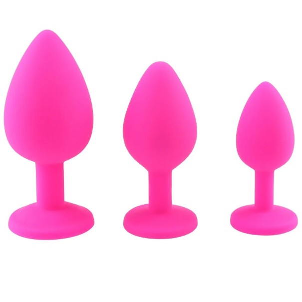 Set van 3-in-1 siliconen buttplugs met uitneembare steen, maat SML, discrete verpakking roze