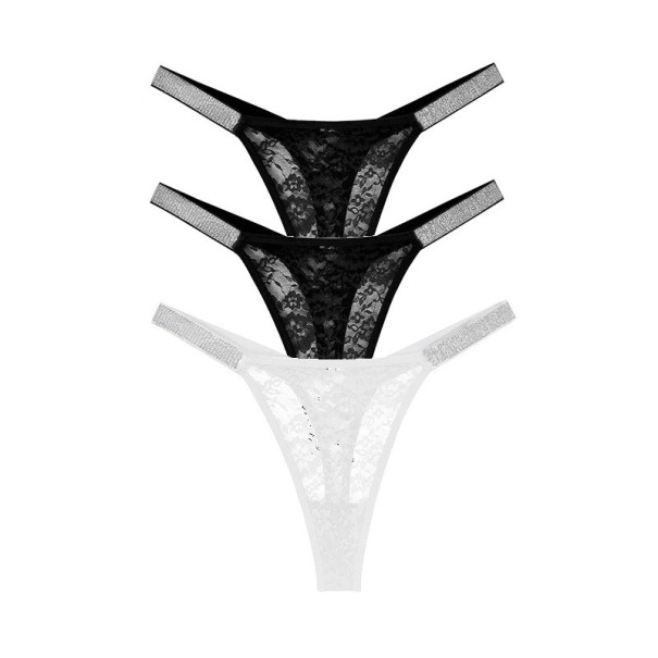 Set van 3 stuks dames kanten string met bloemenpatroon en glinsterende band sexy lingerie voor dagelijks gebruik zwart en wit XS