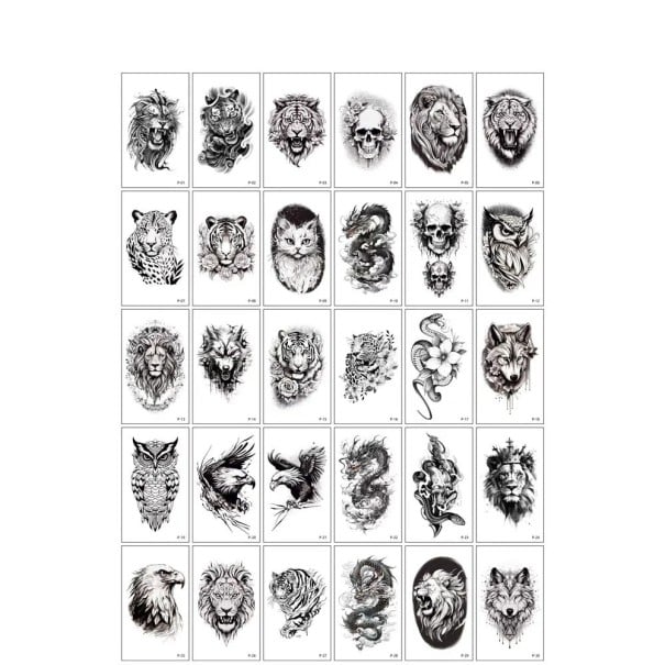Set van 30 tijdelijke tatoeages 5,7 x 9,7 cm realistische motieven van dieren en schedels gedetailleerde tekeningen voor het lichaam voor vrouwen 1