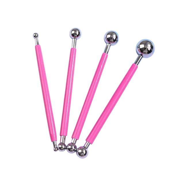 Set van 4 dubbelzijdige roestvrijstalen modelleertools met bolletjes 12-13 cm voor beeldhouwen, keramiek, decoratie en modelleren van klei roze
