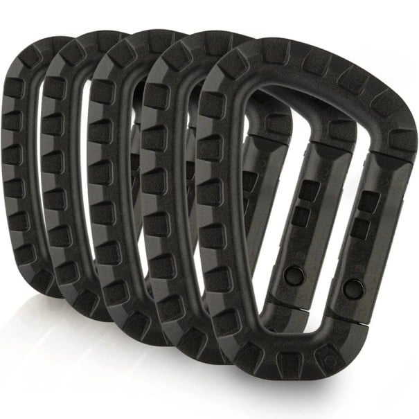 Set van 5 kunststof karabijnhaken 8,5 x 6 cm Universele clips voor het ophangen van sleutels en accessoires Neutrale kleuren Kamperen zwart