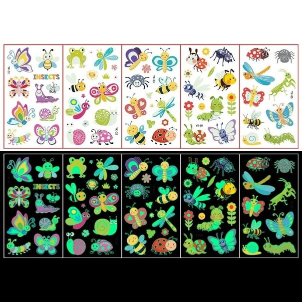 Set van 5 vellen glow-in-the-dark tijdelijke tatoeages met vlinders, lieveheersbeestjes, kevers en andere schattige insecten, kleurrijke 1