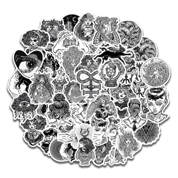 Set van 50 zwart-witte PVC-stickers voor het versieren van voorwerpen Mystieke motieven en vrouwelijke portretten Uitgesneden volgens omtrek Grootte 4 1