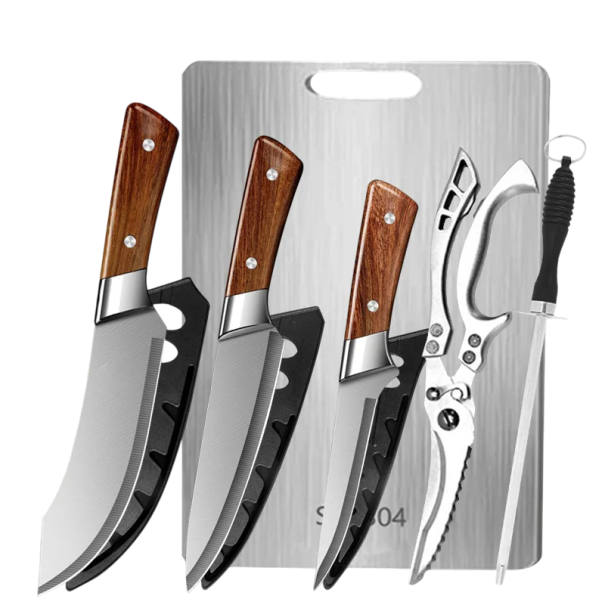 Set van 6 Japanse slagersmessen met hoes, vleesmes, keukenschaar, snijplank, slijpstaaf, uitbeenmes, vleesgereedschapset 1