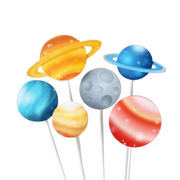 Set van 6 papieren taarttoppers met planeten Ruimtedecoratie voor een verjaardagstaart of themafeest 1
