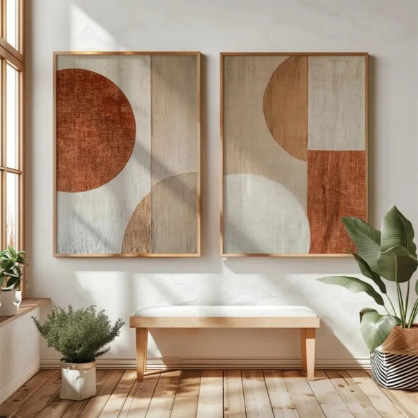 Set van abstracte Japanse posters 30x40 cm canvas beige bruin terracotta geometrische motieven interieurdecoratie 1