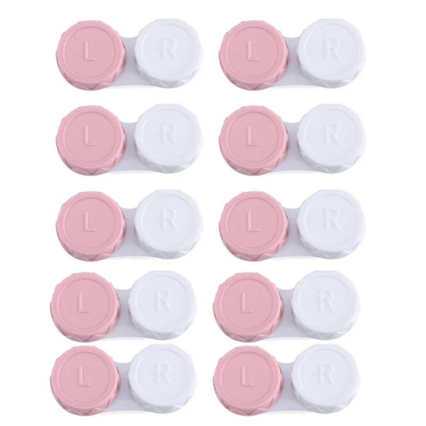 Set van contactlensdoosjes 10 stuks maat 5,5 x 1,4 cm plastic gekleurde doosjes met aanduiding L en R voor dagelijks gebruik roze