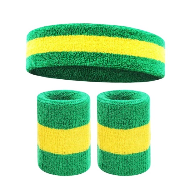 Set van hoofdband en twee sportpolsbandjes in felle kleuren. Katoenen absorberend materiaal voor hardlopen, training, fietsen en balsporten. groen