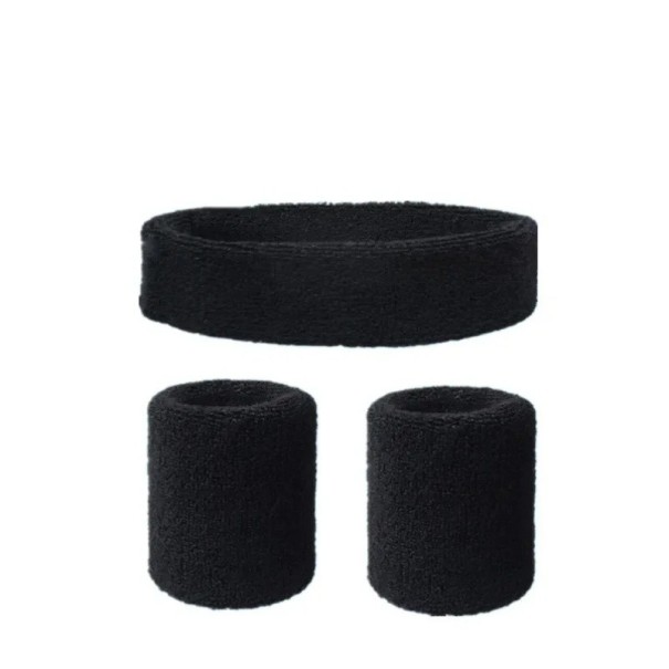 Set van sporthoofdband en twee zweetbanden Kleurrijk katoenen design Absorberend materiaal voor sport, hardlopen, fietsen en balspelen zwart