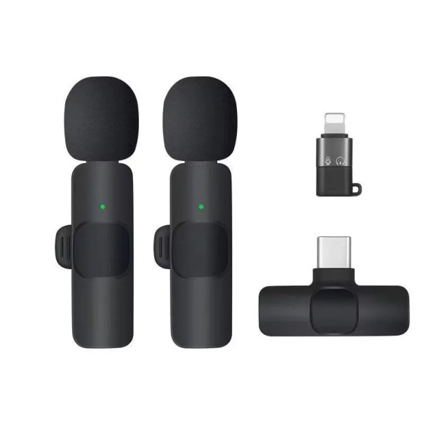 Set van twee draadloze lavaliermicrofoons met ontvangers voor iPhone en Android met automatische koppeling, ruisonderdrukking en eenvoudige bediening zwart