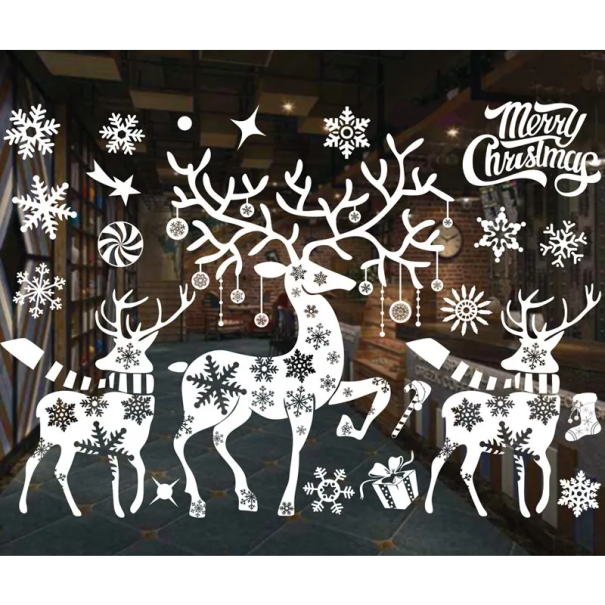 Set van witte kerst PVC raamstickers 50 x 70 cm Sneeuwvlokken en rendieren Kerstdecoratie voor glas Winterdecoratie voor binnen 1