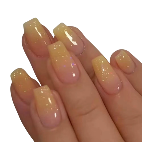 Set vesel de 24 de bucăți de unghii false, formă Coffin, lungime medie, design ombré acrilic, tipsuri lipicioase strălucitoare pentru mâini 1