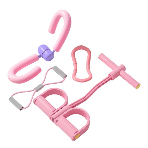Set von 4 Fitnessgeräten mit einem Beintrainer, einem Expander in Form einer Acht, einem Yogakreis und einem Pedal-Expander in Rosa 1