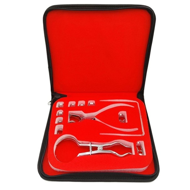 Set von Perforatoren für Zahnärzte mit Ledertasche und Zangen aus rostfreiem Stahl, orthodontische Werkzeuge mit Klammer für die Kofferdam und Perforator für Gummifolien 1