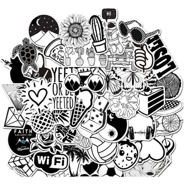 Set von schwarz-weißen PVC-Aufklebern zur Dekoration von Gegenständen Motive der Natur und des Universums Schriftzüge in Englisch Konturgeschnitten 1