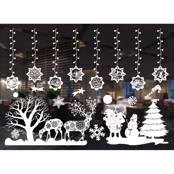 Set Weihnachtsfensteraufkleber 55 x 75 cm Weiße PVC Schneeflocken Bäume und Rentiere Statische Dekorationen für Glas ohne Kleber 1