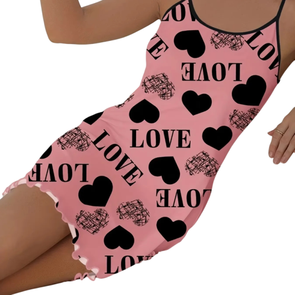 Sexet dames natkjole med hjerteprint og tekster Komfortabelt natundertøj lavet af blød polyester og spandex Åndbart materiale Forskellige farver rosa XS
