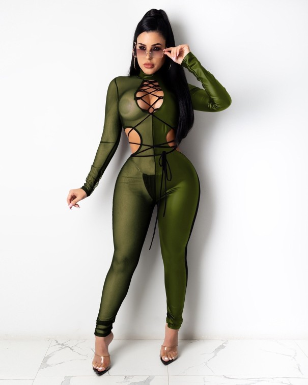 Sexet læderjumpsuit til kvinder B866 armygrøn XL