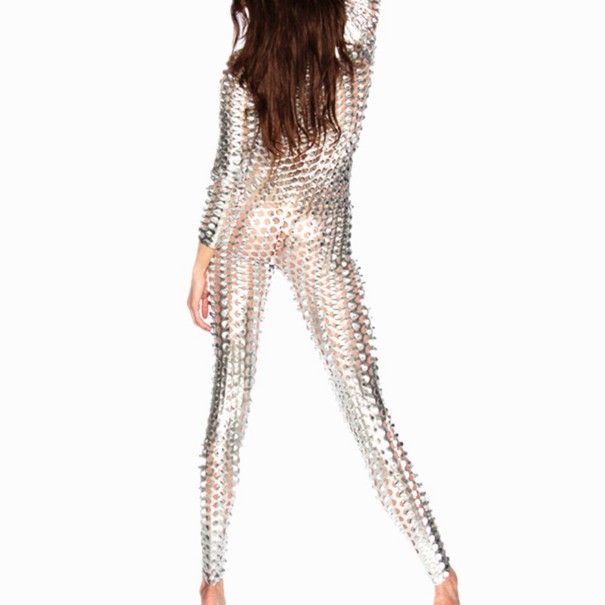 Sexet perforeret jumpsuit til kvinder sølv S