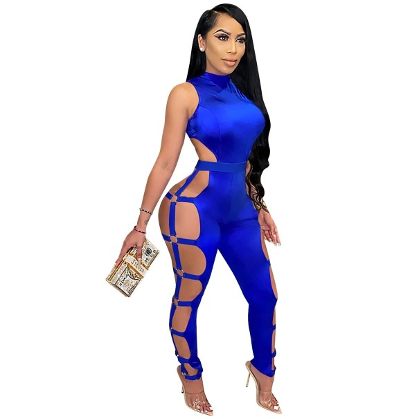 Sexig ärmlös jumpsuit för kvinnor B836 blå XL