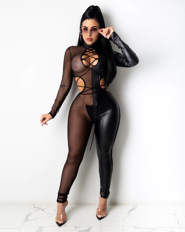 Sexig jumpsuit i läder B866 för kvinnor svart L