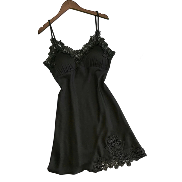 Sexy Damen Nachthemd mit Spitze Einfarbiges lockeres Hausunterwäsche mit V-Ausschnitt Bequemer elastischer Stoff Polyester Spandex schwarz XS