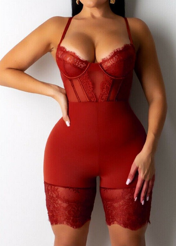 Sexy Damen-Overall aus Spitze, kurz rot XS