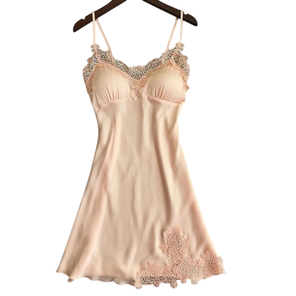 Sexy dámská noční košilka s krajkou Jednobarevné volné domácí spodní prádlo s výstřihem do V Pohodlný pružný materiál Polyester Spandex béžova XS