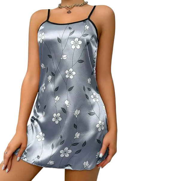 Sexy dámská noční košilka s potiskem květin Elegantní noční prádlo z měkkého polyesteru a spandexu Pohodlný střih Různé barvy Lehký materiál modrá XL