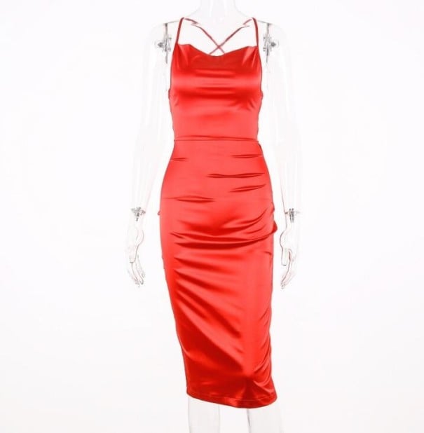 Sexy midi-jurk met blote rug rood S
