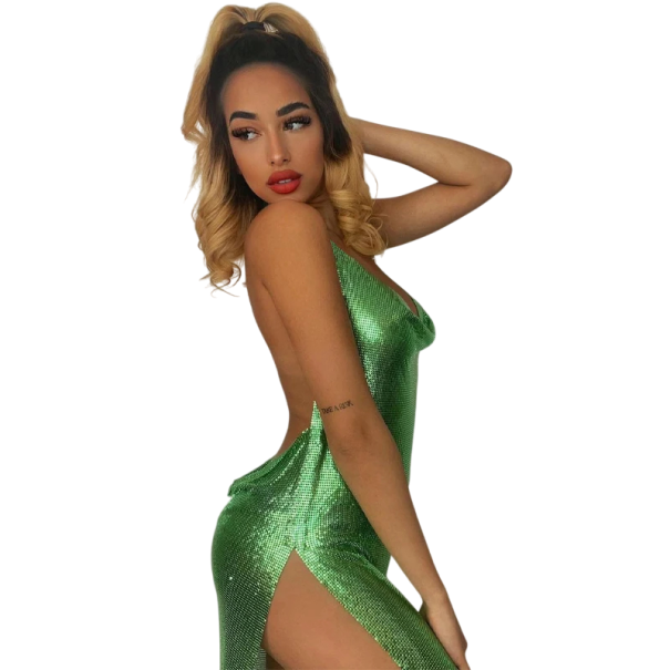 Sexy mini šaty s otvoreným chrbtom a vodopádovým výstrihom Metalický lesk Zaväzovanie za krkom Ideálne na večierok alebo nočný klub zelená L