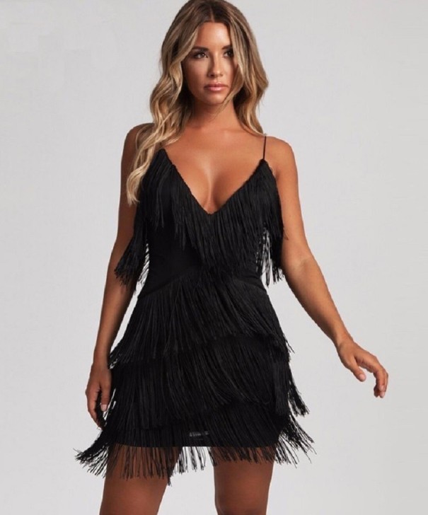 Sexy Minikleid mit Fransen schwarz M