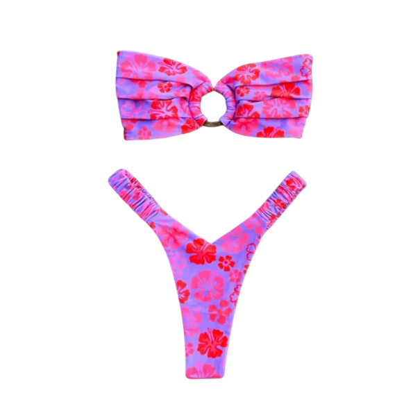 Sexy tweedelig badpak met bloemenprint, cirkelvormig gewricht en geplooide bandjes voor dames, zomer-strandset roze S