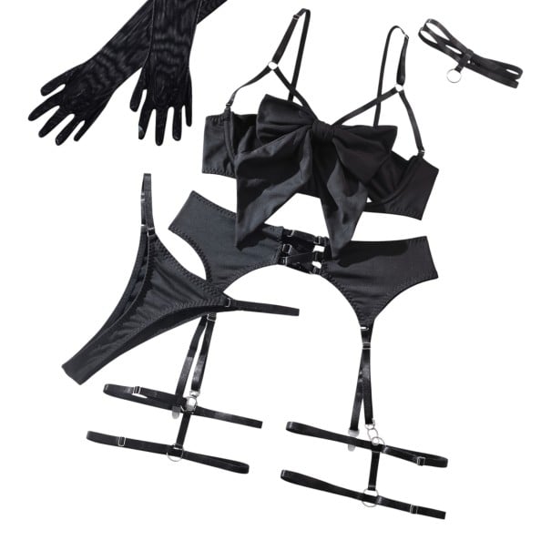 Sexy Unterwäsche-BH mit großer Schleife und Strumpfhaltergürtel mit Schnürung und Tanga ergänzt durch Strumpfhalter für die Oberschenkel schwarz S