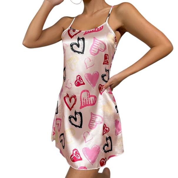 Sexy Women's Nightdress with Heart Print Comfortable Nightwear Made of Soft Polyester and Spandex Lightweight Material Various Colours Romantic M