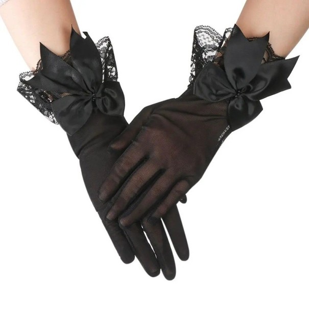 Short Fingered Women's Gloves with Bow and Lace 28.5x8.5 cm Breathable White Formal Gloves for Special Occasions black