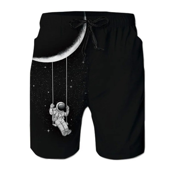 Shorts de bain pour garçons noirs en polyester avec motif d'astronaute sur une balançoire sur la lune à cordon été 4