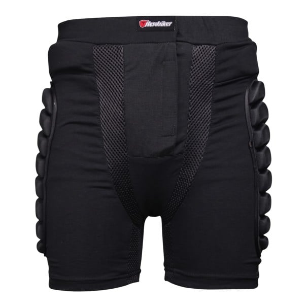 Shorts de motocross noirs avec protections rembourrées aux hanches et aux cuisses, inserts en mesh et large ceinture élastique unisexe S
