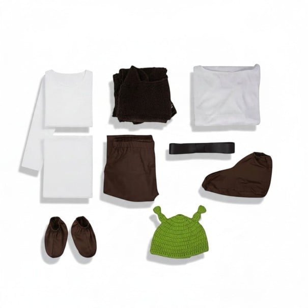 Shrek Adult Costume Complete Outfit Vest T-Shirt Trousers Belt Shoe Covers and Ears Hat Polyester Brown White and Green S