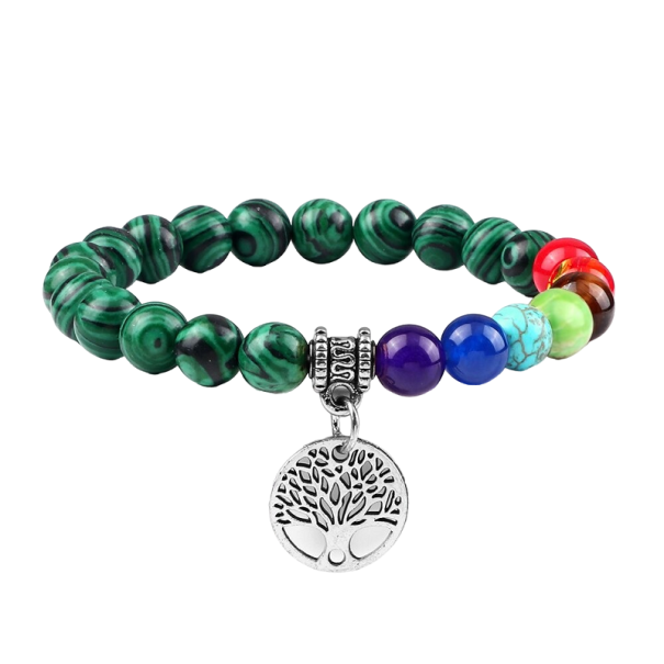 Sieben-Chakra-Armband mit Malachitstein silbern