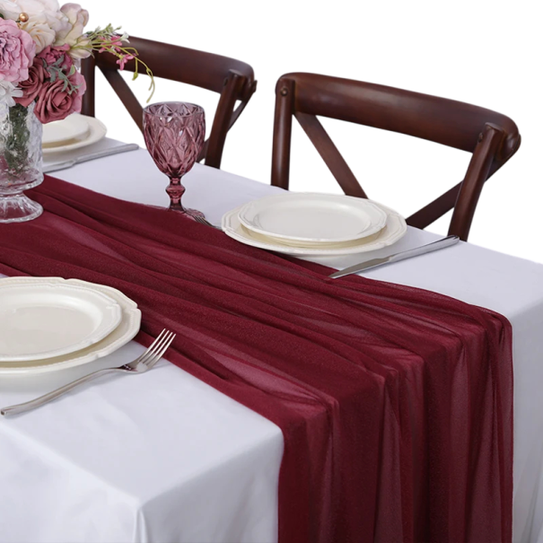 Sifoninen pöytäjuoksija 75x300 cm Läpinäkyvä polyesterikangas koristelu häihin boho-tyyliin syntymäpäiväjuhliin häiden kaariin riippuvaksi peitteeksi burgundinpunainen
