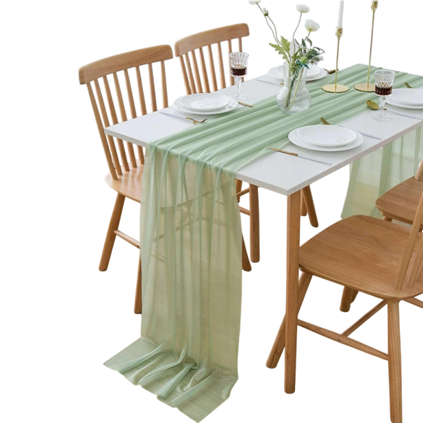 Šifonový běhoun na stůl 75x600 cm Průsvitná polyesterová látka dekorace na svatbu boho styl narozeninovou oslavu svatební oblouk závěsný překryv zelená