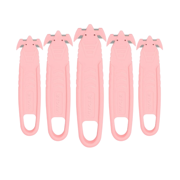 Sikkerhedskartonkniv 14 cm Foldbart blad Ergonomisk håndtag Æskeskærer 5 dele Sæt til lager og husholdninger rosa
