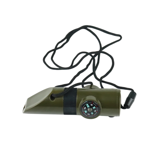 Silbato de supervivencia multifuncional portátil 7 en 1 con linterna LED, brújula, lupa, termómetro, espejo, herramienta de rescate de 9,7 x 2,8 cm para acampar 1