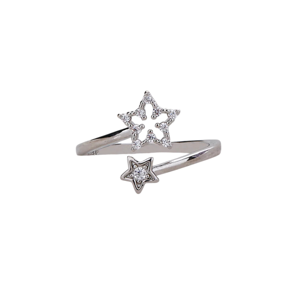 Silberner Damenring mit verstellbarer Größe Durchmesser 16,5 mm Sterne 3/5 mm Dünner offener Ring mit Steinen Elegantes Schmuckstück 1