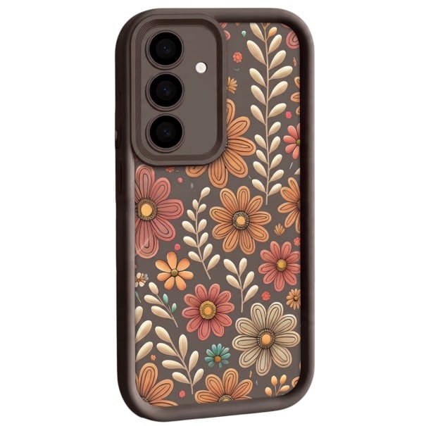 Silicone Cover for Samsung Galaxy S24 Floral Design Protective Case for Mobile Raised Frame Around Camera kaffefarvet