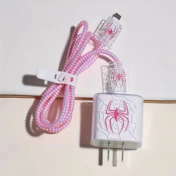 Silicone Protective Case for Charger and Cables with Spider Web Design Transparent Cover with Colourful Spider Protection for iPhone Accessories pink